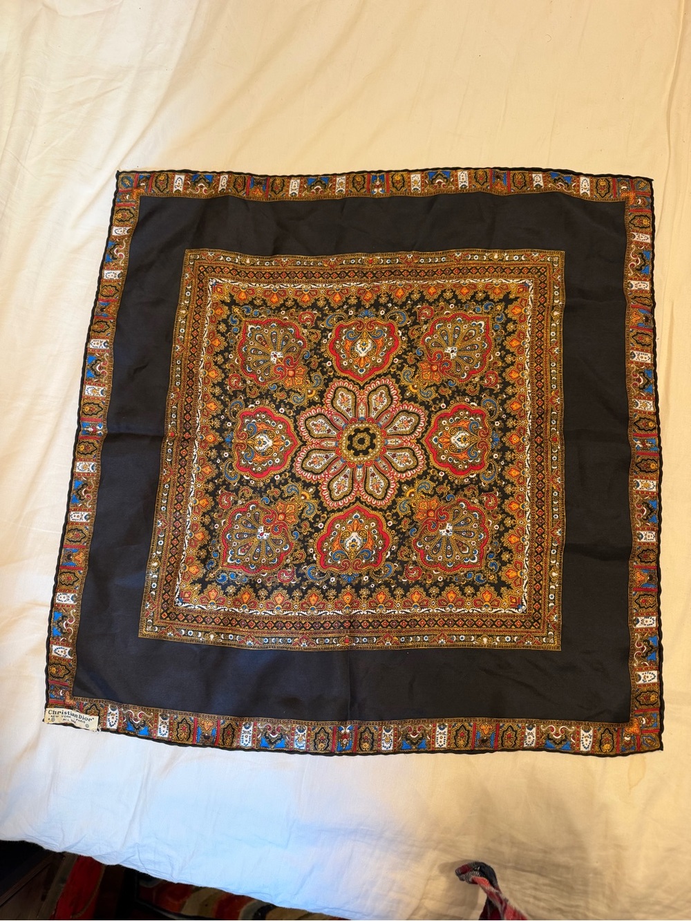Dior Black Silk Scarf with Gold, Red & Blue Paisley Border - Picture 3 of 5